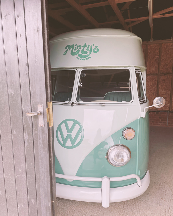 Minty's vw ice cream van appearing after being fully restored ready for weddings and events