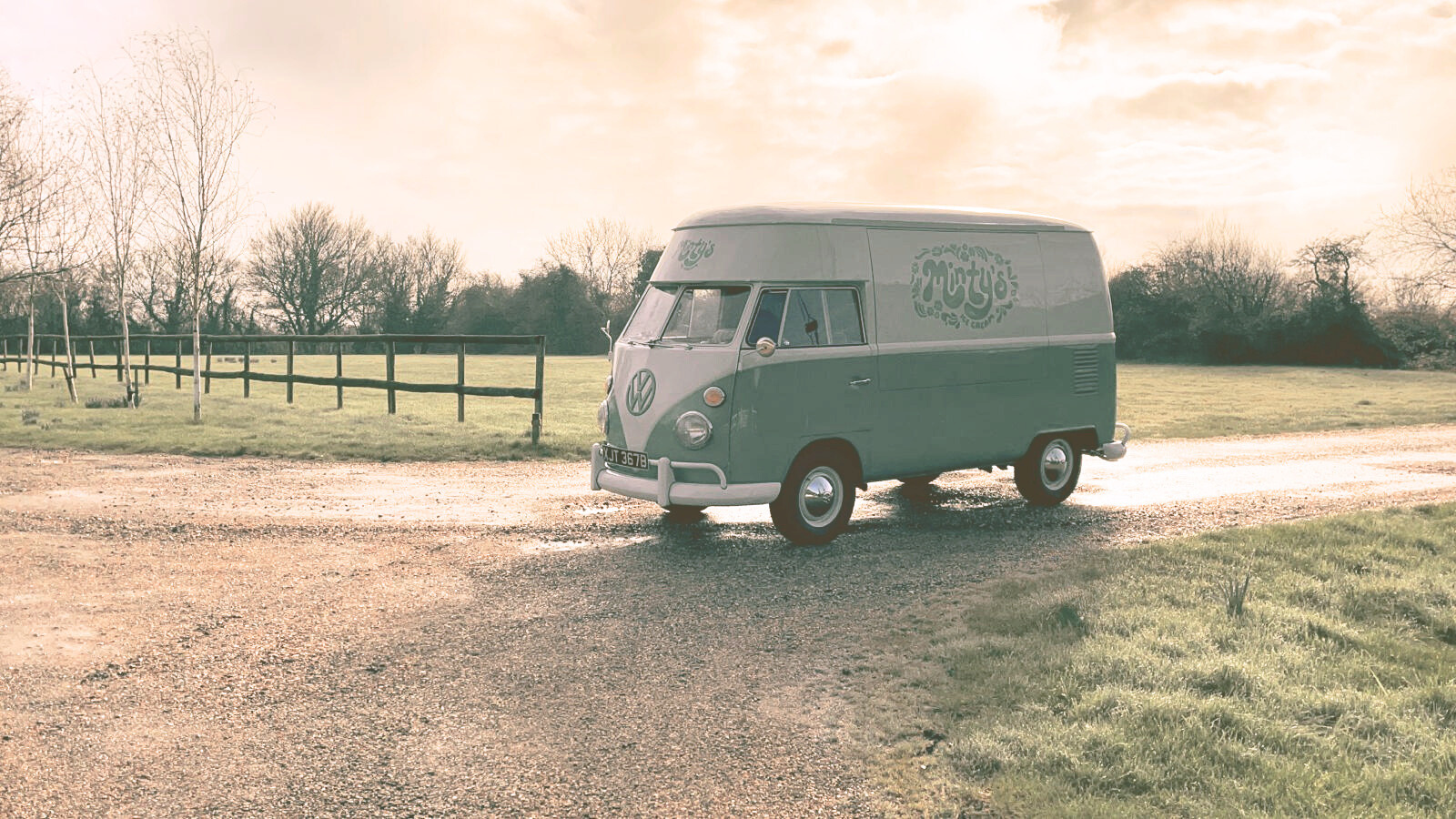 Minty's ice cream vintage vw Volkswagen van on the Essex, Suffolk border driving towards a wedding event