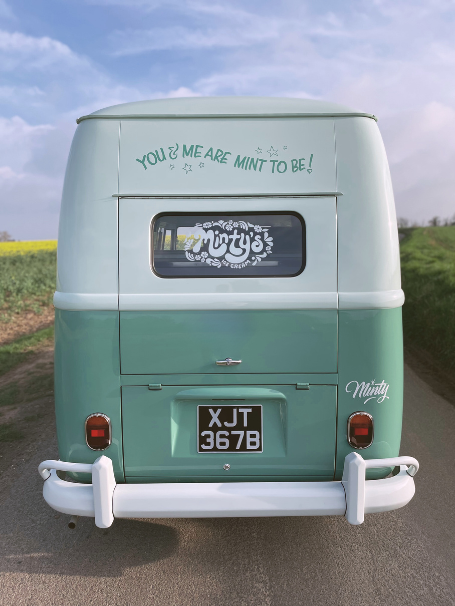 A picture of the back of Minty's ice cream vintage VW Volkswagen van.